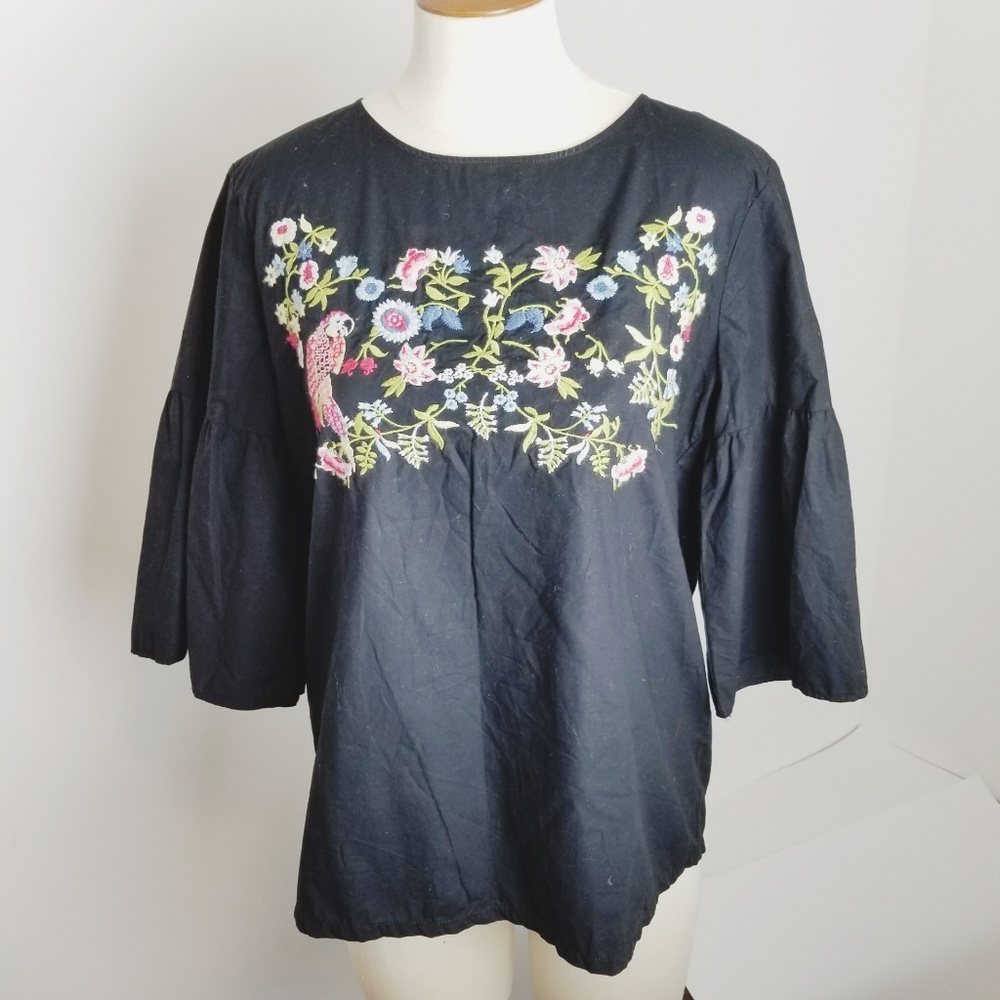 Loft embroidered floral parrot peasant shirt
